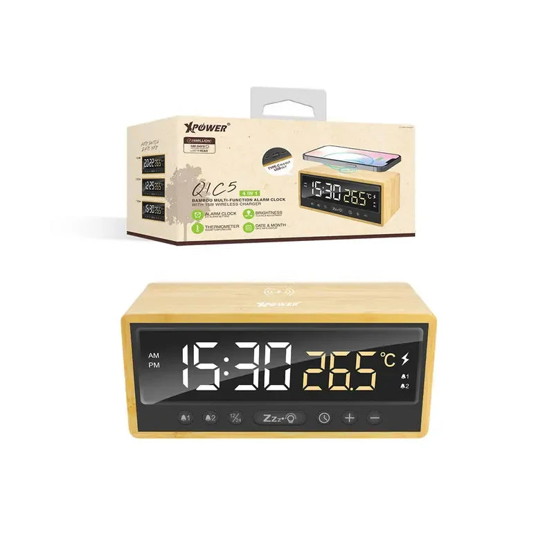 XPower QIC5 4 In 1 Bamboo Alarm Clock With 15W Wireless Charger - Brown - Tashqila XPower QIC5 4 In 1 Bamboo Alarm Clock With 15W Wireless Charger - Brown - Tashqila